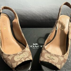 Coach Brown Signature Canvas Peep-Toe Slingback Mules